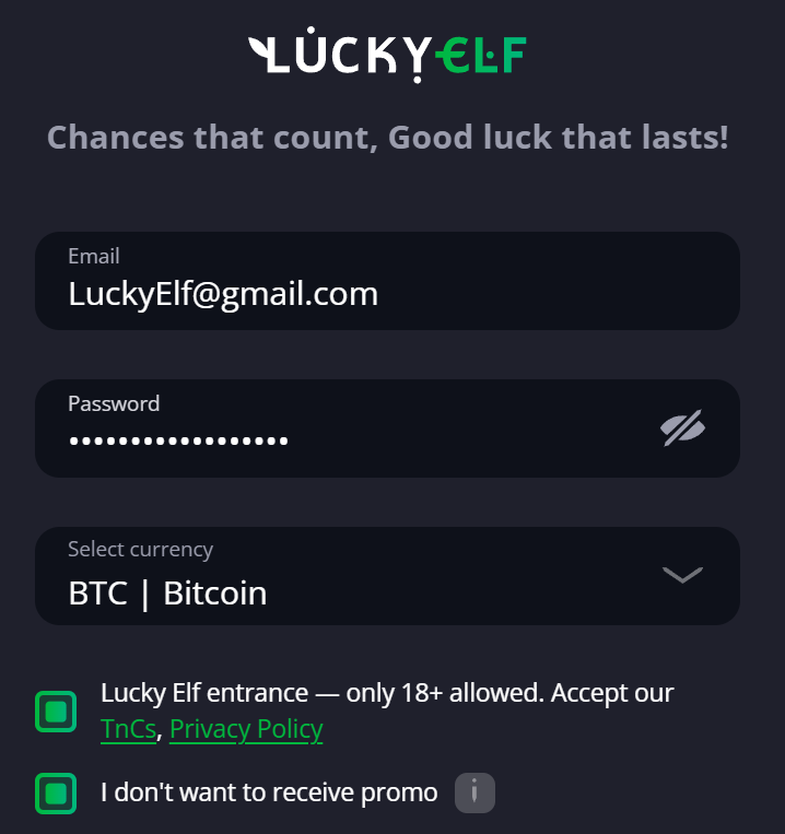 Lucky Elf casino sign up Form