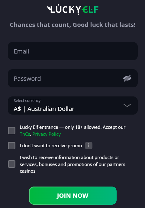 Lucky Elf Casino registration fields